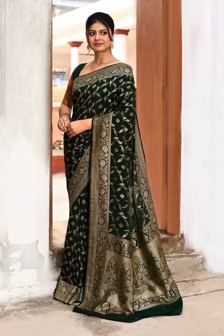 Shop_Naaritva India_Green Crepe Zari Banarasi Saree With Running Blouse _Online_at_Aza_Fashions