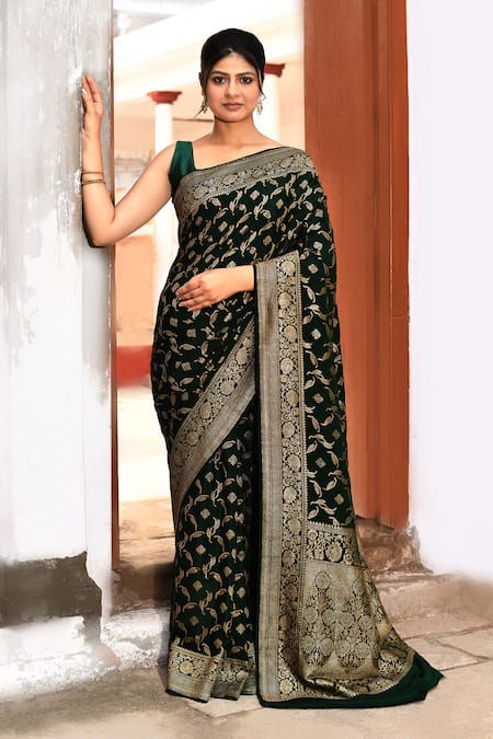Naaritva India Green Crepe Zari Banarasi Saree With Running Blouse 