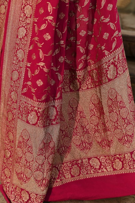 Buy_Naaritva India_Pink Crepe, Silk Zari Hot Banarasi Saree With Running Blouse _Online_at_Aza_Fashions