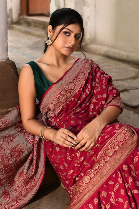 Shop_Naaritva India_Pink Crepe, Silk Zari Hot Banarasi Saree With Running Blouse _Online_at_Aza_Fashions