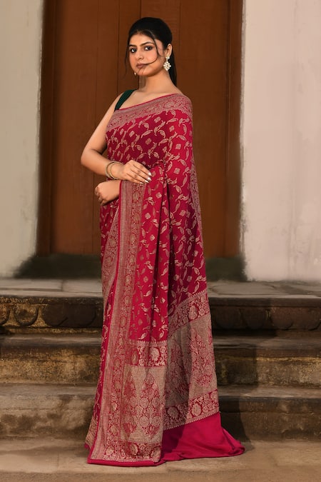 Naaritva India_Pink Crepe, Silk Zari Hot Banarasi Saree With Running Blouse _at_Aza_Fashions