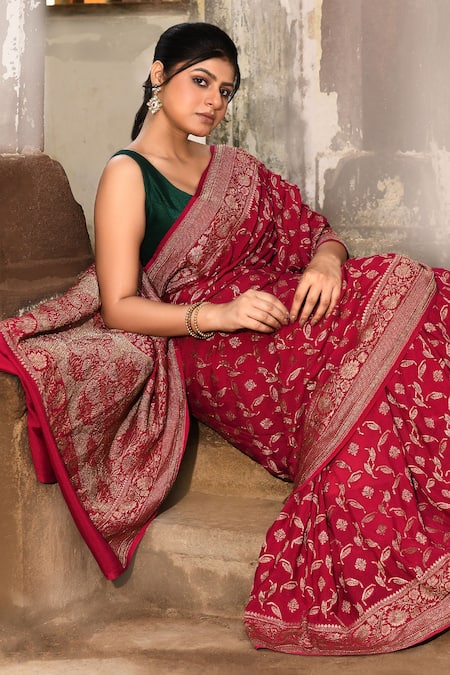 Buy_Naaritva India_Pink Crepe, Silk Zari Hot Banarasi Saree With Running Blouse 