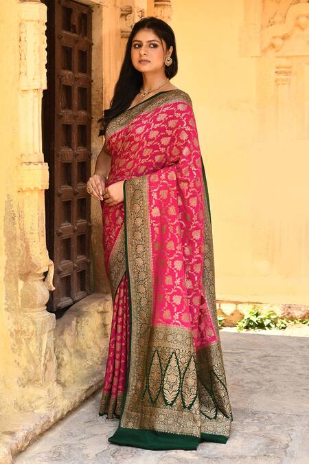 Buy_Naaritva India_Pink Crepe, Chiffon Zari Banarasi Hand Woven Saree With Running Blouse Piece _Online_at_Aza_Fashions