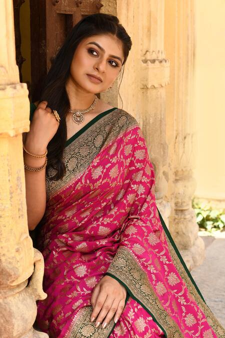Shop_Naaritva India_Pink Crepe, Chiffon Zari Banarasi Hand Woven Saree With Running Blouse Piece _Online_at_Aza_Fashions