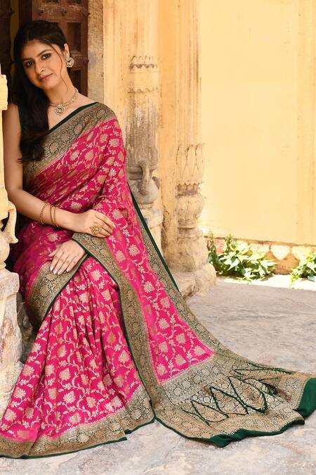 Naaritva India_Pink Crepe, Chiffon Zari Banarasi Hand Woven Saree With Running Blouse Piece _at_Aza_Fashions