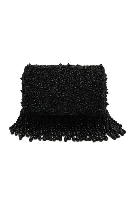The Tan Clan_Black Beads, Fringe Fiona Flap Over Clutch _Online_at_Aza_Fashions