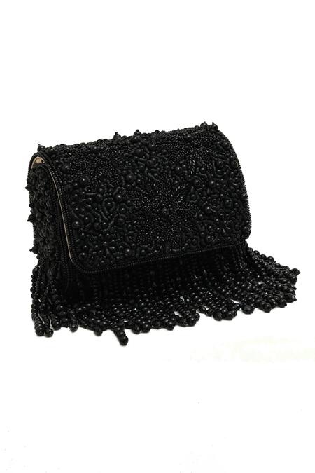 Buy_The Tan Clan_Black Beads, Fringe Fiona Flap Over Clutch _Online_at_Aza_Fashions