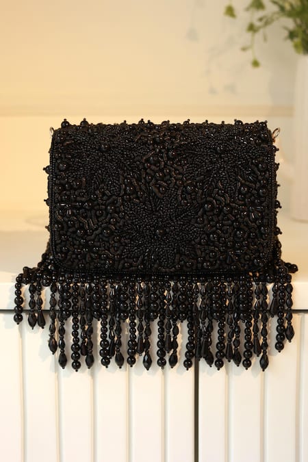 The Tan Clan Black Beads, Fringe Fiona Flap Over Clutch 