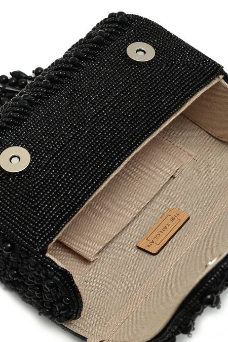 Shop_The Tan Clan_Black Beads, Fringe Fiona Flap Over Clutch _Online_at_Aza_Fashions