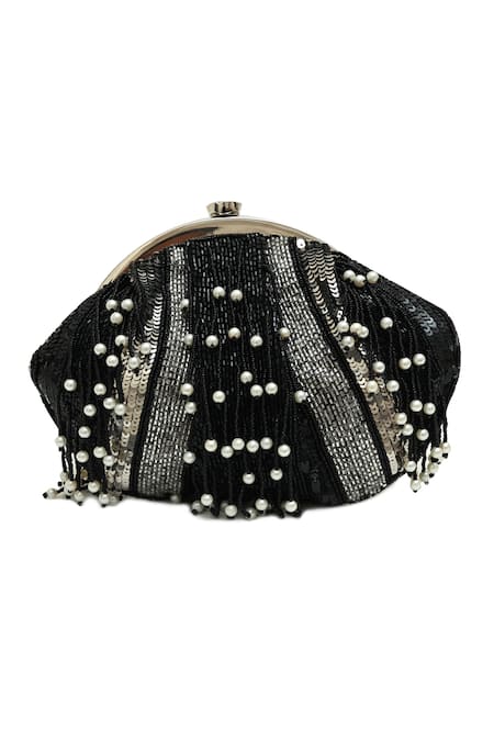 The Tan Clan Black Sequins, Pearls Ava Batua Clutch Bag 