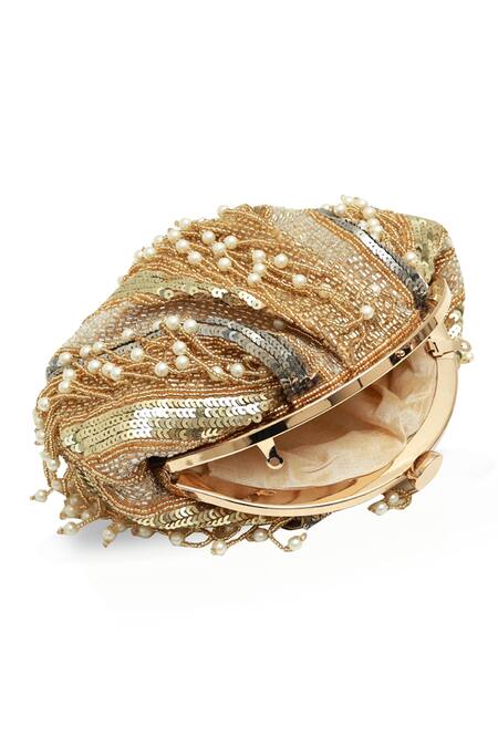 The Tan Clan_Gold Sequins, Pearls Ava Batua Bag _Online_at_Aza_Fashions