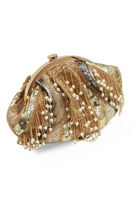 Buy_The Tan Clan_Gold Sequins, Pearls Ava Batua Bag _Online_at_Aza_Fashions