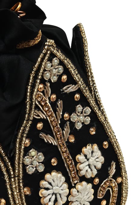 The Tan Clan_Black Embroidery, Pearls, Zari Baag Lotus Potli _Online_at_Aza_Fashions