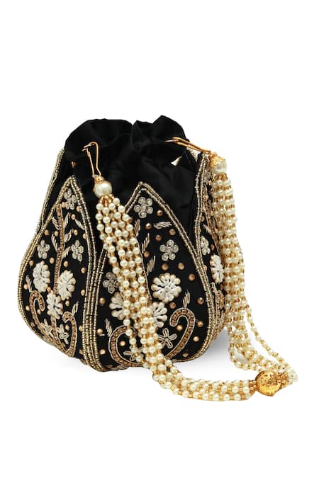Buy_The Tan Clan_Black Embroidery, Pearls, Zari Baag Lotus Potli _Online_at_Aza_Fashions