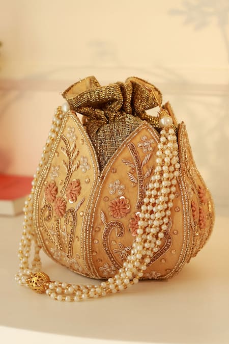 The Tan Clan Gold Embroidery, Beads Baag Lotus Potli 