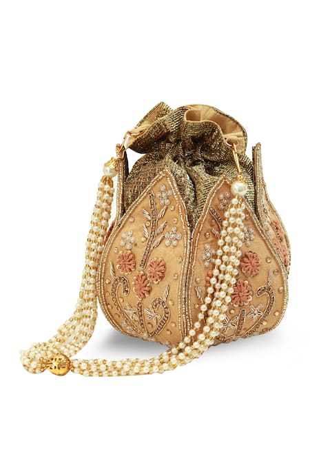 The Tan Clan_Gold Embroidery, Beads Baag Lotus Potli _Online_at_Aza_Fashions