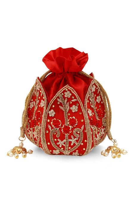 The Tan Clan_Red Embroidery, Beads, Sequins Baag Lotus Potli _Online_at_Aza_Fashions