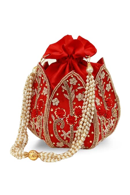 Shop_The Tan Clan_Red Embroidery, Beads, Sequins Baag Lotus Potli _at_Aza_Fashions