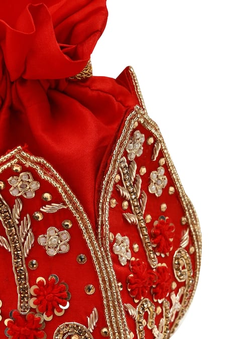 Buy_The Tan Clan_Red Embroidery, Beads, Sequins Baag Lotus Potli _Online_at_Aza_Fashions
