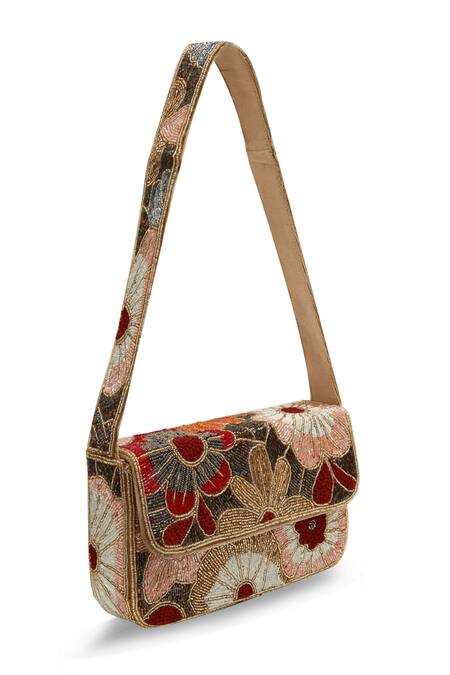 The Tan Clan_Red Beads, Embroidery Daisy Floral Suede Clutch _Online_at_Aza_Fashions