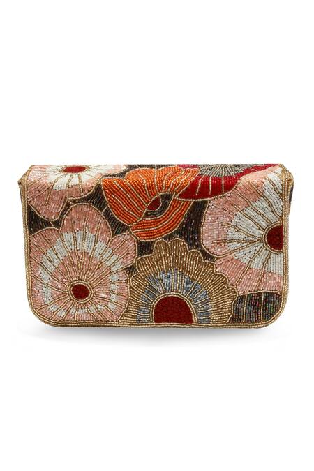 Buy_The Tan Clan_Red Beads, Embroidery Daisy Floral Suede Clutch _Online_at_Aza_Fashions