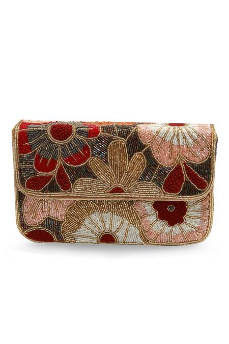 Shop_The Tan Clan_Red Beads, Embroidery Daisy Floral Suede Clutch _Online_at_Aza_Fashions