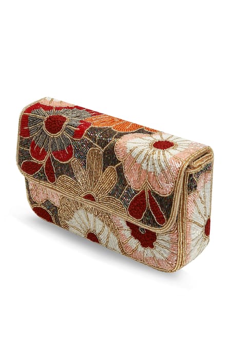 The Tan Clan_Red Beads, Embroidery Daisy Floral Suede Clutch _at_Aza_Fashions