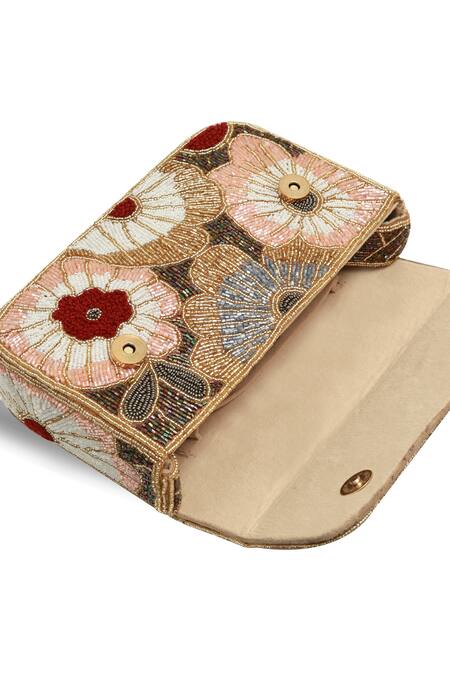 Buy_The Tan Clan_Red Beads, Embroidery Daisy Floral Suede Clutch 