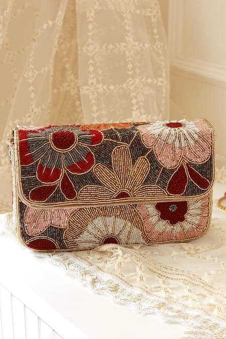The Tan Clan Red Beads, Embroidery Daisy Floral Suede Clutch 