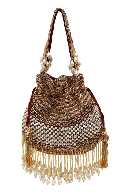 Buy_The Tan Clan_Gold Pearls, Zari Dua Potli Bag _Online_at_Aza_Fashions