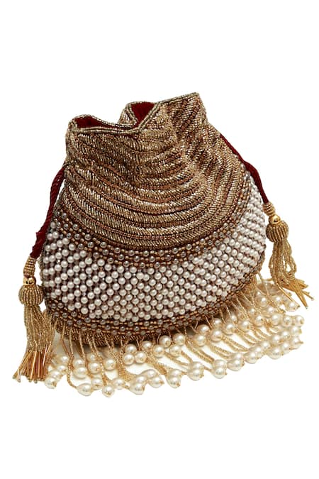 Shop_The Tan Clan_Gold Pearls, Zari Dua Potli Bag _Online_at_Aza_Fashions