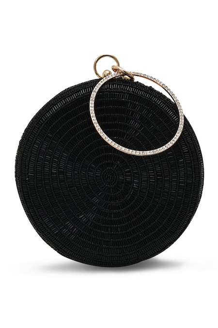 Shop_The Tan Clan_Black Rhinestones Glitz Round Clutch _at_Aza_Fashions