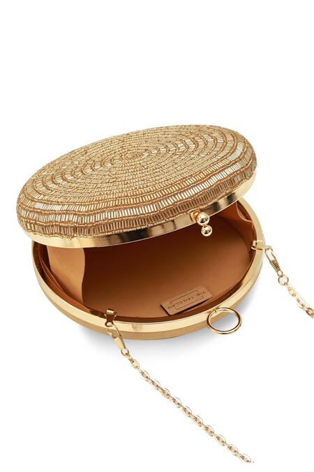 Buy_The Tan Clan_Gold Glitz Round Clutch _Online_at_Aza_Fashions