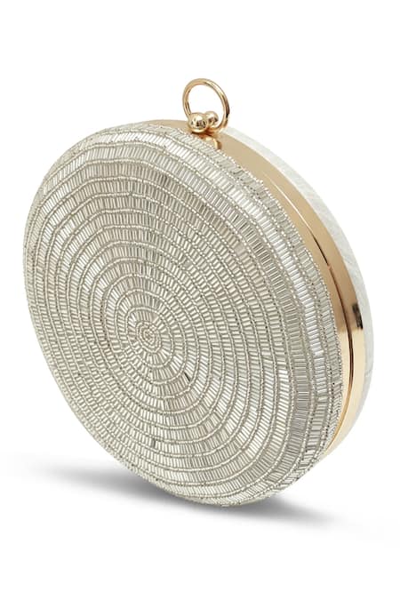 Buy_The Tan Clan_Silver Glitz Round Clutch _Online_at_Aza_Fashions