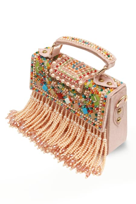 Shop_The Tan Clan_Beads, Fringe Kiara Flap Over Clutch Bag_Online_at_Aza_Fashions