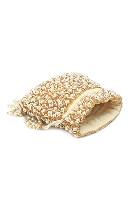 The Tan Clan_White Pearls, Embroidery Rimsha Potli Bag With Tassels_Online_at_Aza_Fashions