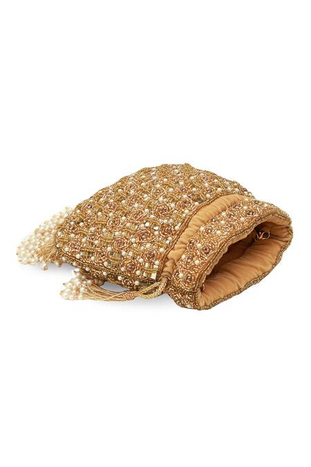 The Tan Clan_Gold Beads, Pearls Sehaj Tasselled Potli Bag _Online_at_Aza_Fashions