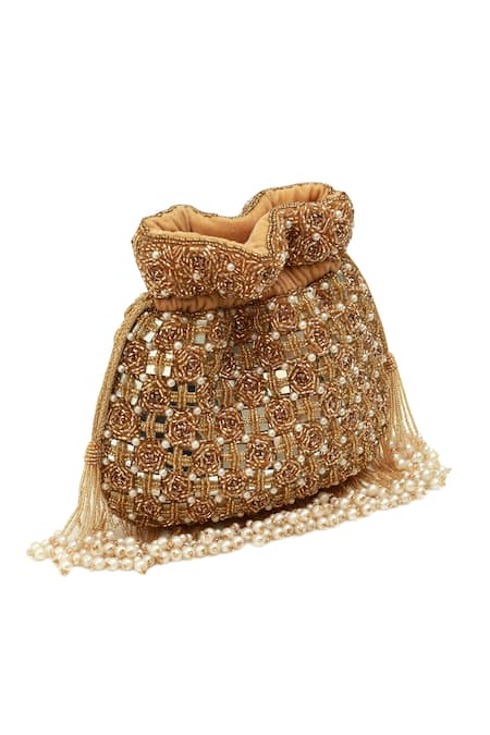 Buy_The Tan Clan_Gold Beads, Pearls Sehaj Tasselled Potli Bag _Online_at_Aza_Fashions