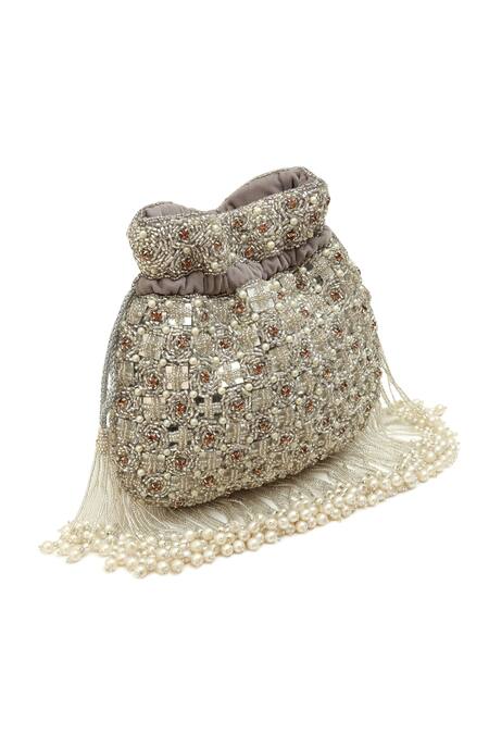 Buy_The Tan Clan_Gray Embroidery, Pearls Sehaj Tasselled Potli Bag _Online_at_Aza_Fashions