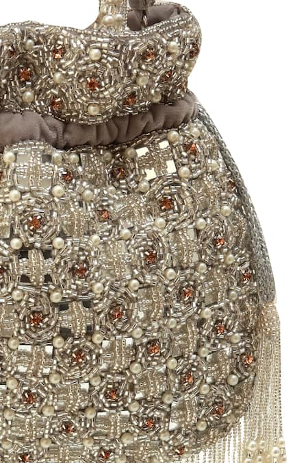 Shop_The Tan Clan_Gray Embroidery, Pearls Sehaj Tasselled Potli Bag _Online_at_Aza_Fashions