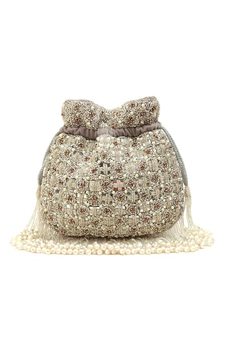 Shop_The Tan Clan_Gray Embroidery, Pearls Sehaj Tasselled Potli Bag _at_Aza_Fashions