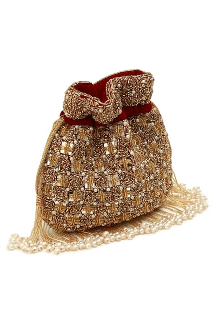 Buy_The Tan Clan_Maroon Beads, Tassels Sehaj Potli Bag _Online_at_Aza_Fashions
