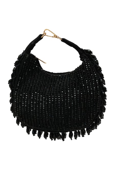 Shop_The Tan Clan_Black Beads, Tassels Sera Drop Pearls Batua Bag _at_Aza_Fashions