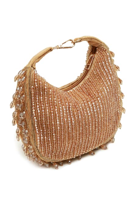 Shop_The Tan Clan_Gold Beads, Sequins, Tassels Sera Drop Pearls Batua Bag _at_Aza_Fashions
