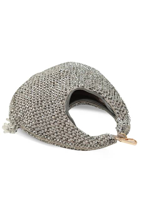 The Tan Clan_Gray Rhinestones, Tassels Sera Drop Pearls Batua Bag _Online_at_Aza_Fashions