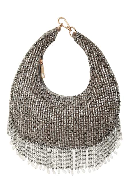 Shop_The Tan Clan_Gray Rhinestones, Tassels Sera Drop Pearls Batua Bag _at_Aza_Fashions