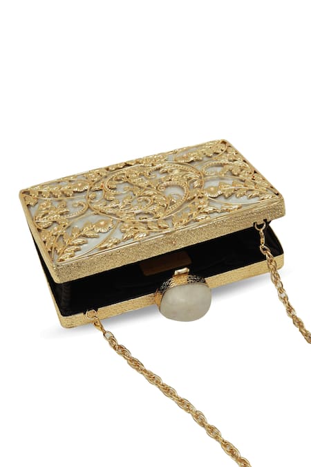 The Tan Clan_Gold Embroidery Uzma Intricate Brass Clutch _Online_at_Aza_Fashions
