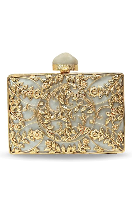 Buy_The Tan Clan_Gold Embroidery Uzma Intricate Brass Clutch _Online_at_Aza_Fashions