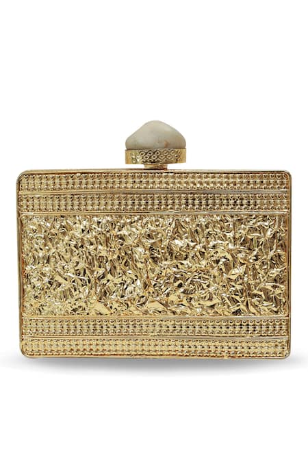 Shop_The Tan Clan_Gold Embroidery Uzma Intricate Brass Clutch _Online_at_Aza_Fashions