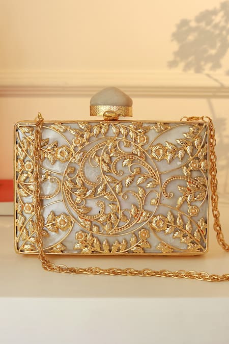 The Tan Clan Gold Embroidery Uzma Intricate Brass Clutch 